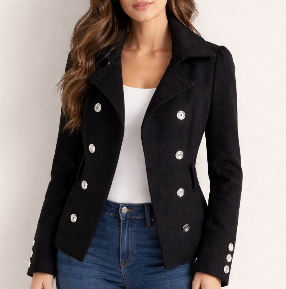 G by GUESS Black Double Breasted Pea Coat Floral Lining Silver Buttons Size XS